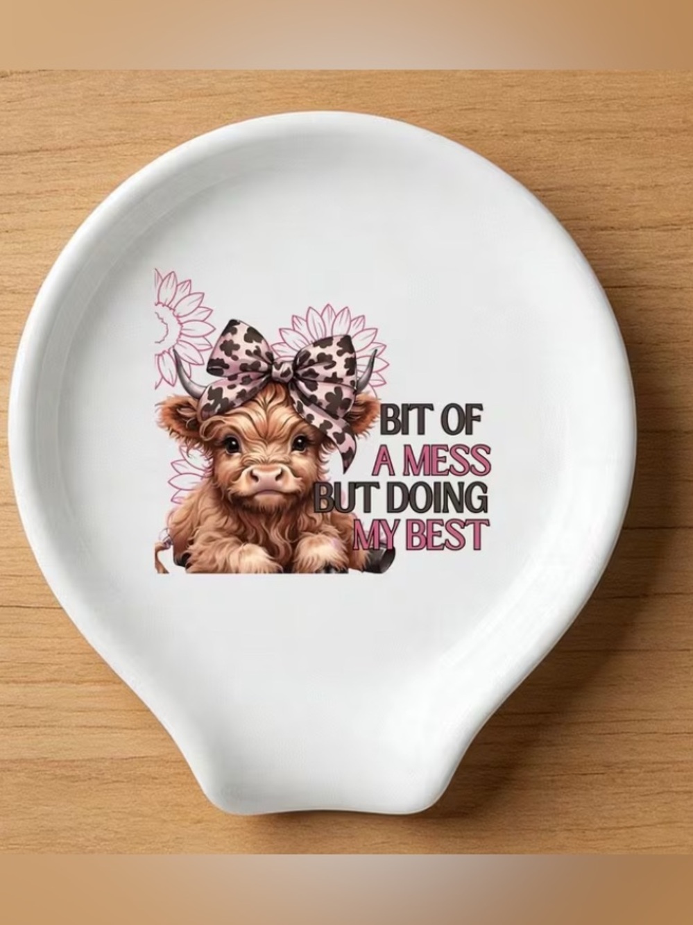 COW White Ceramic Spoon Rest with Pink Accent 'Bit of a Mess' Design